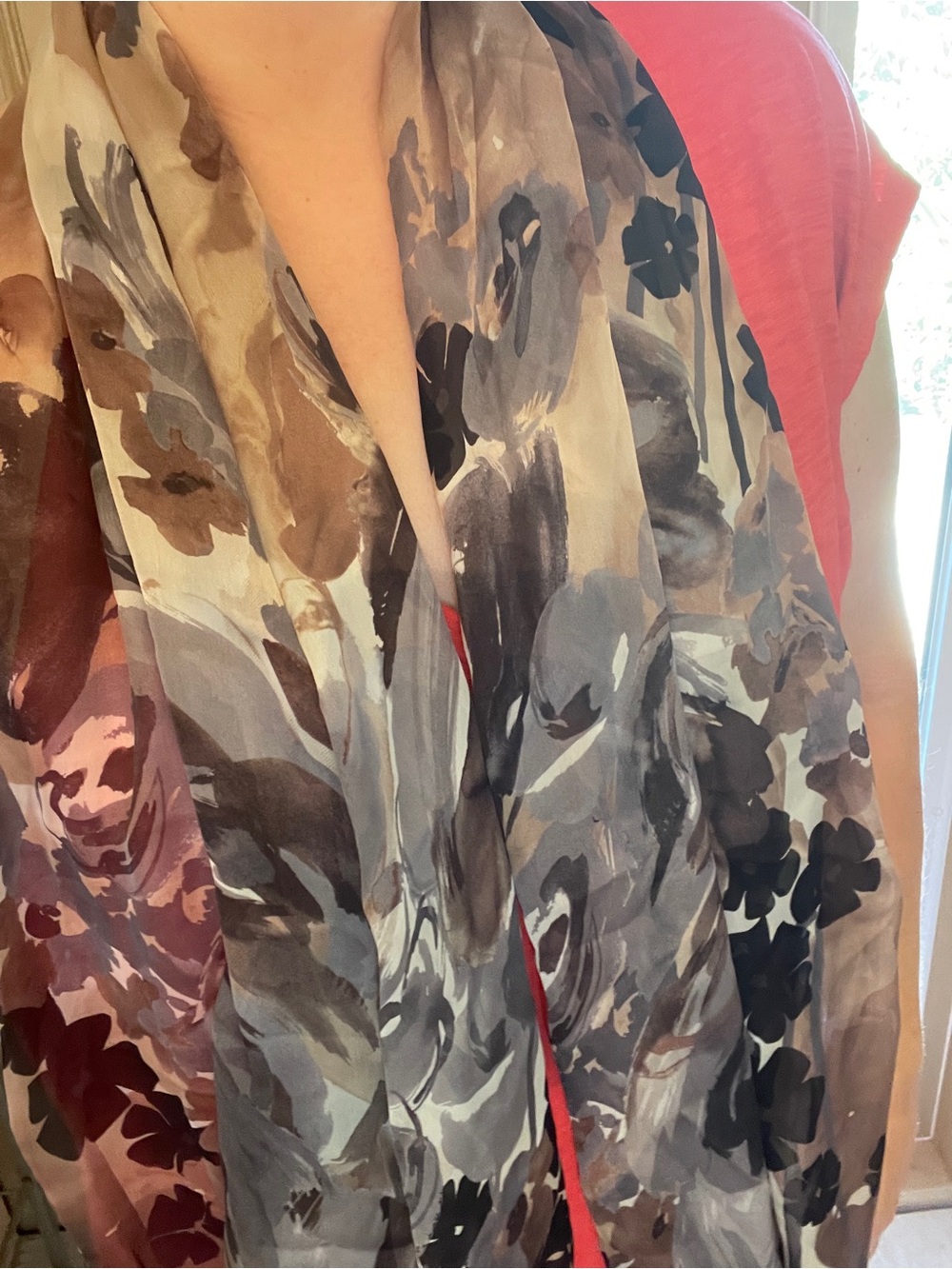 Valentino Floral Watercolor Silk Scarf in Brown, Black and Cream - Picture 9 of 13